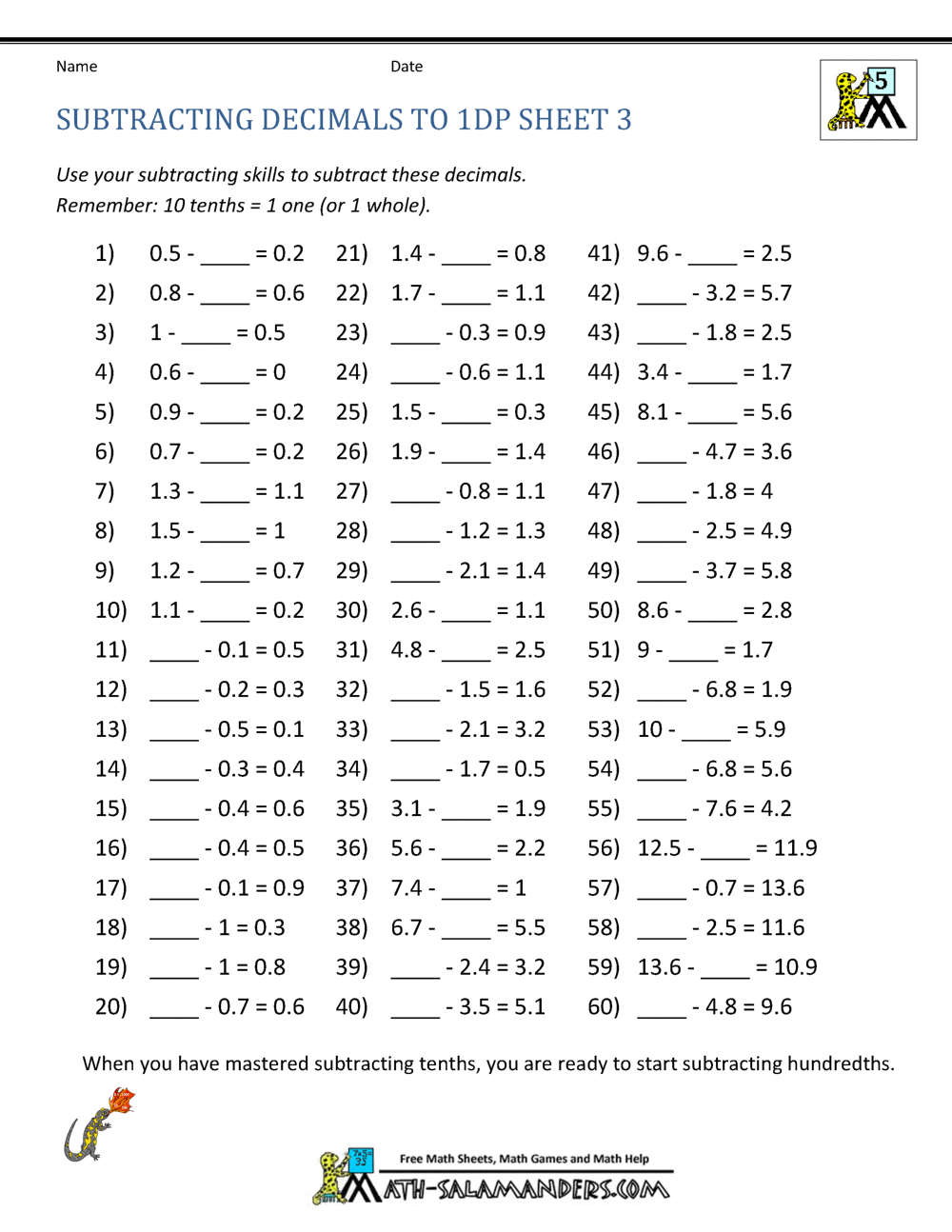 Subtracting Decimals Worksheet Subtracting Decimals Worksheet
