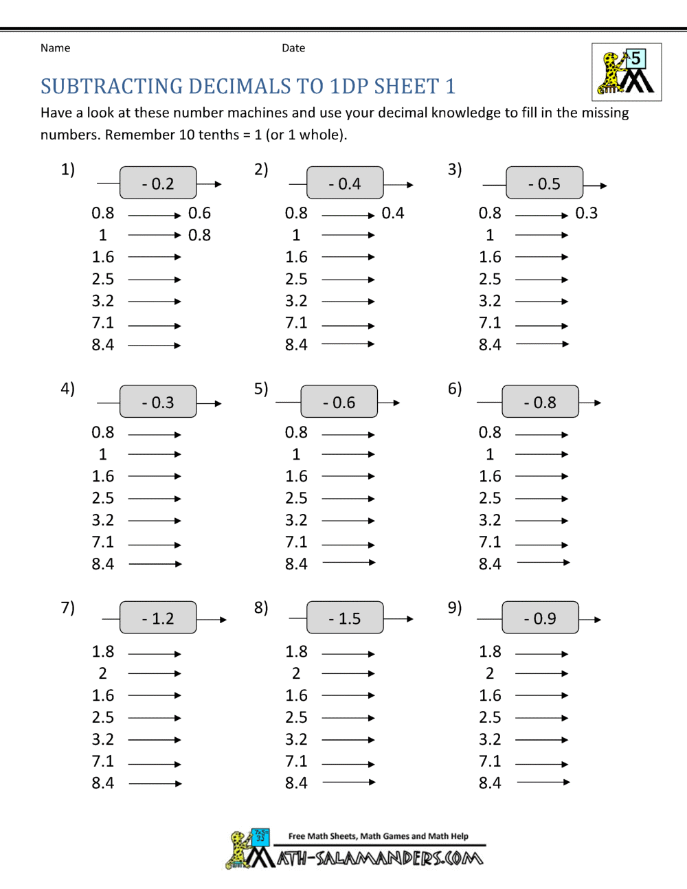 Subtracting Decimals Worksheet