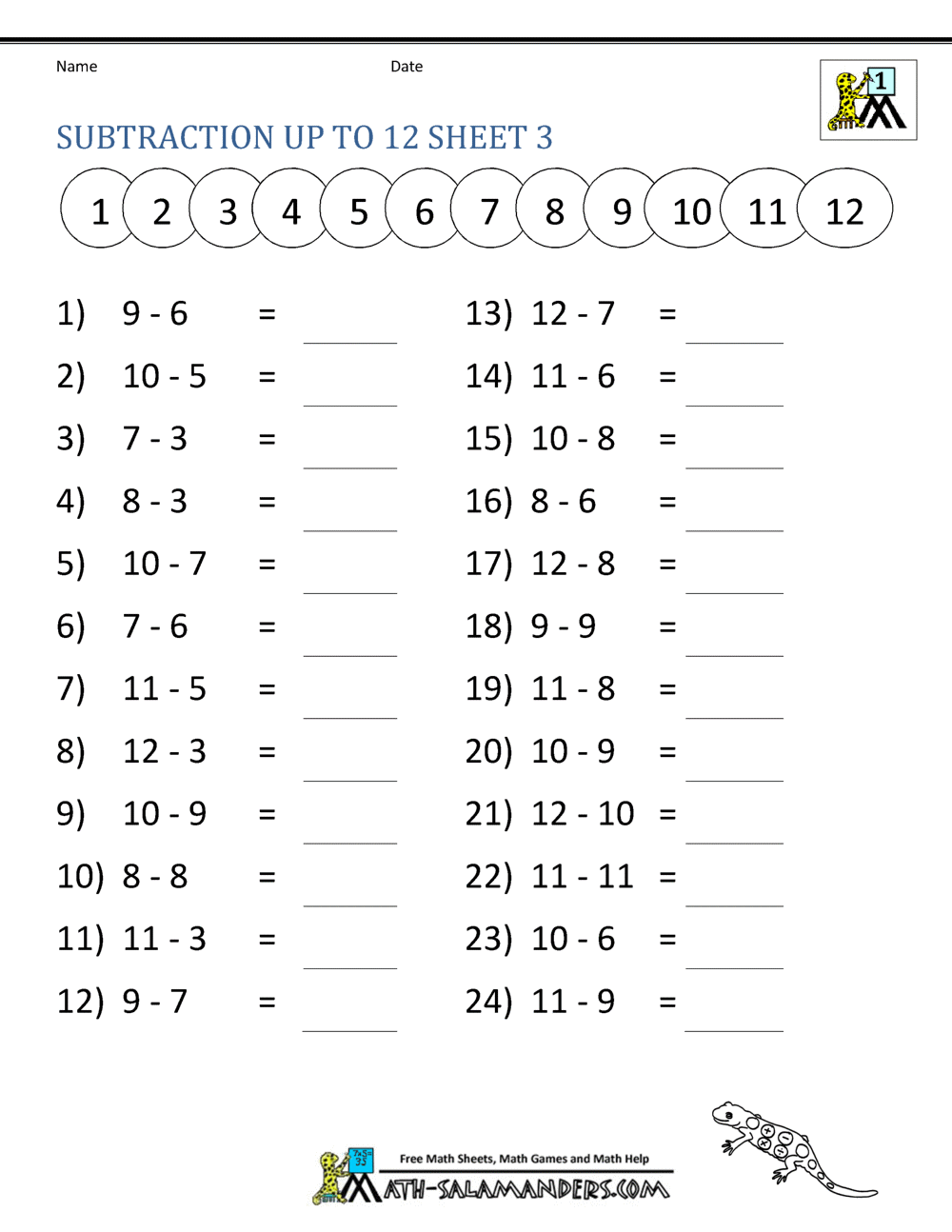 Subtraction Facts Worksheets 1st Grade
