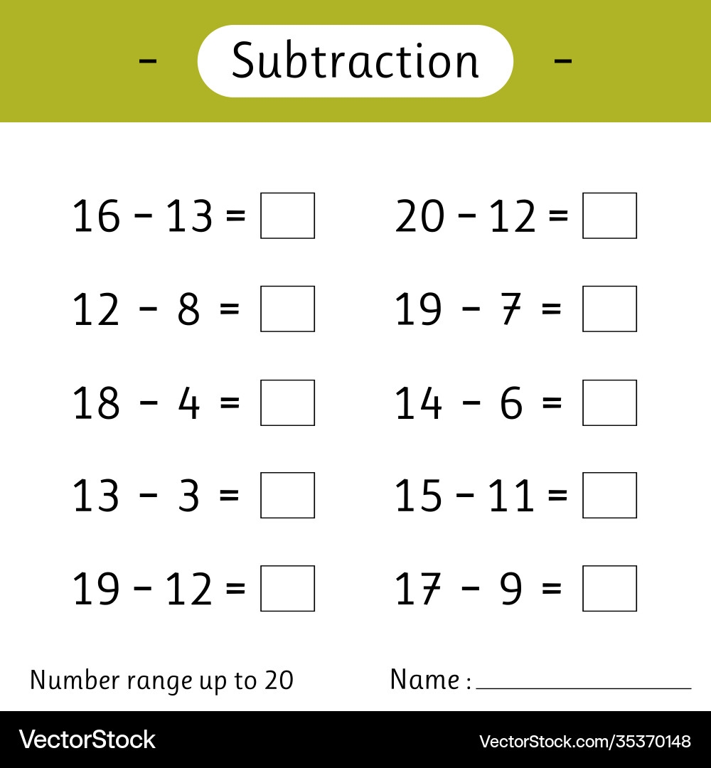 Subtraction Number Range Up To 20 Math Worksheet Royalty Free Vector VectorStock