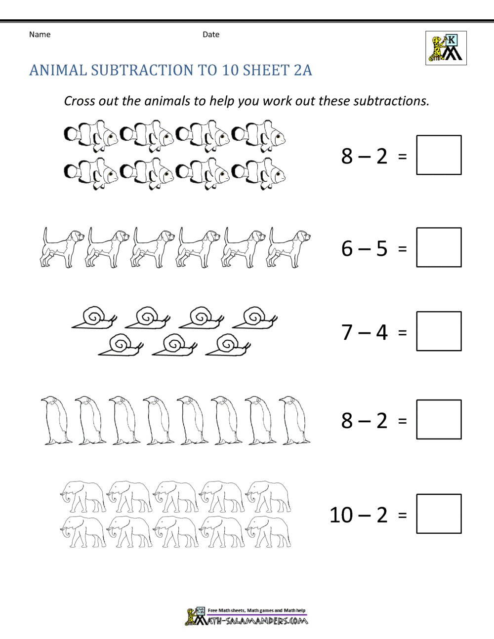 Subtraction To 10 Worksheets
