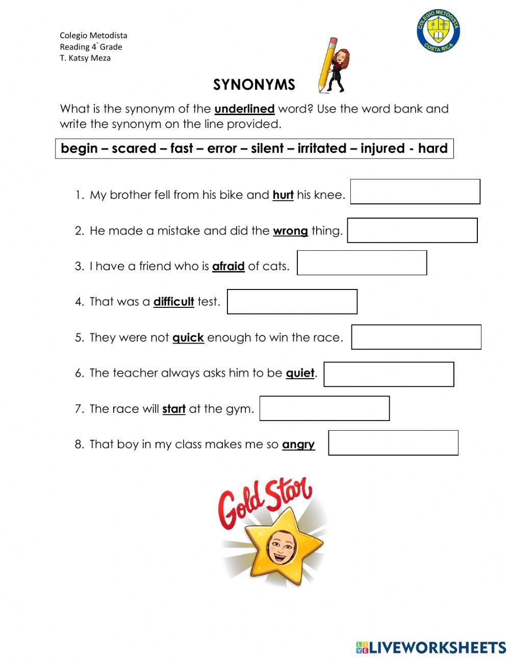 Synonyms And Antonyms Online Exercise For 4 Worksheets Library