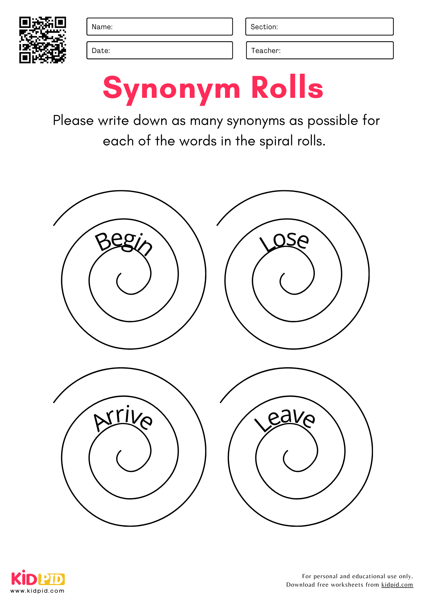 Synonyms Spiral Rolls Worksheets For Grade 2 Kidpid