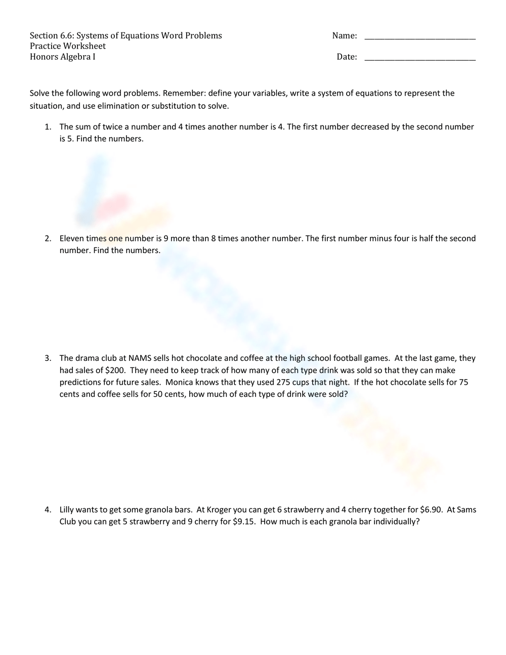 Systems Of Equations Word Problems Worksheets