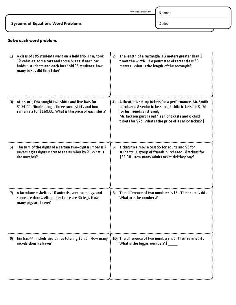 Systems Of Equations Word Problems Worksheets