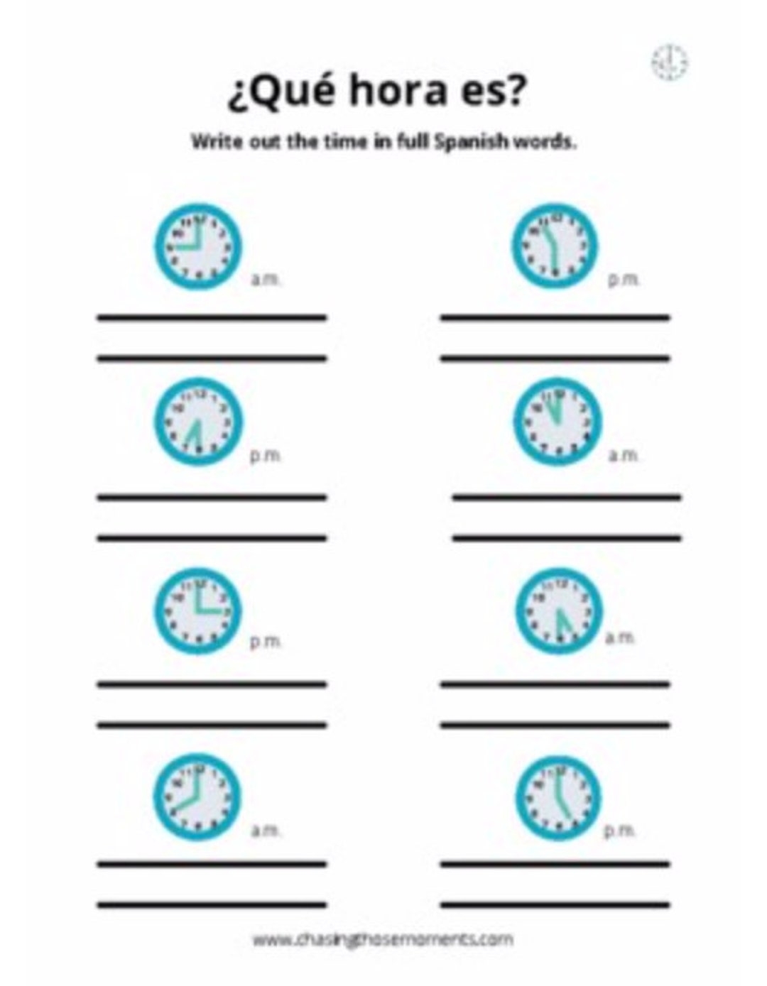 Telling Time In Spanish Worksheet Qu Hora Es Etsy