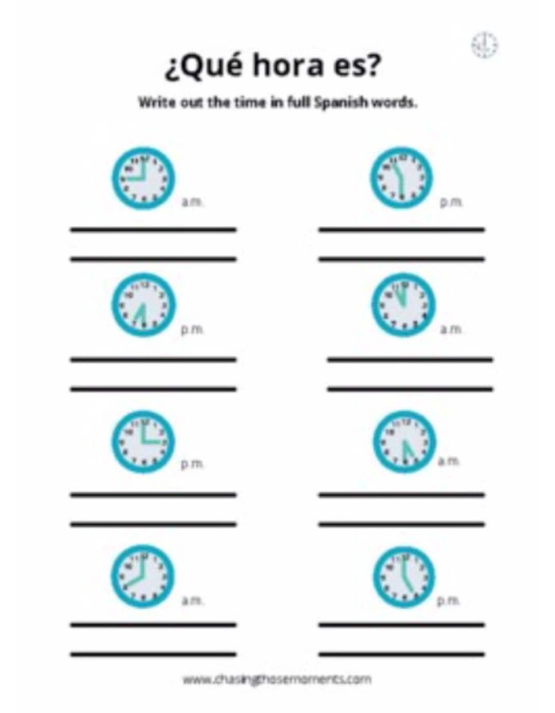 Telling Time In Spanish Worksheet Qu Hora Es Etsy
