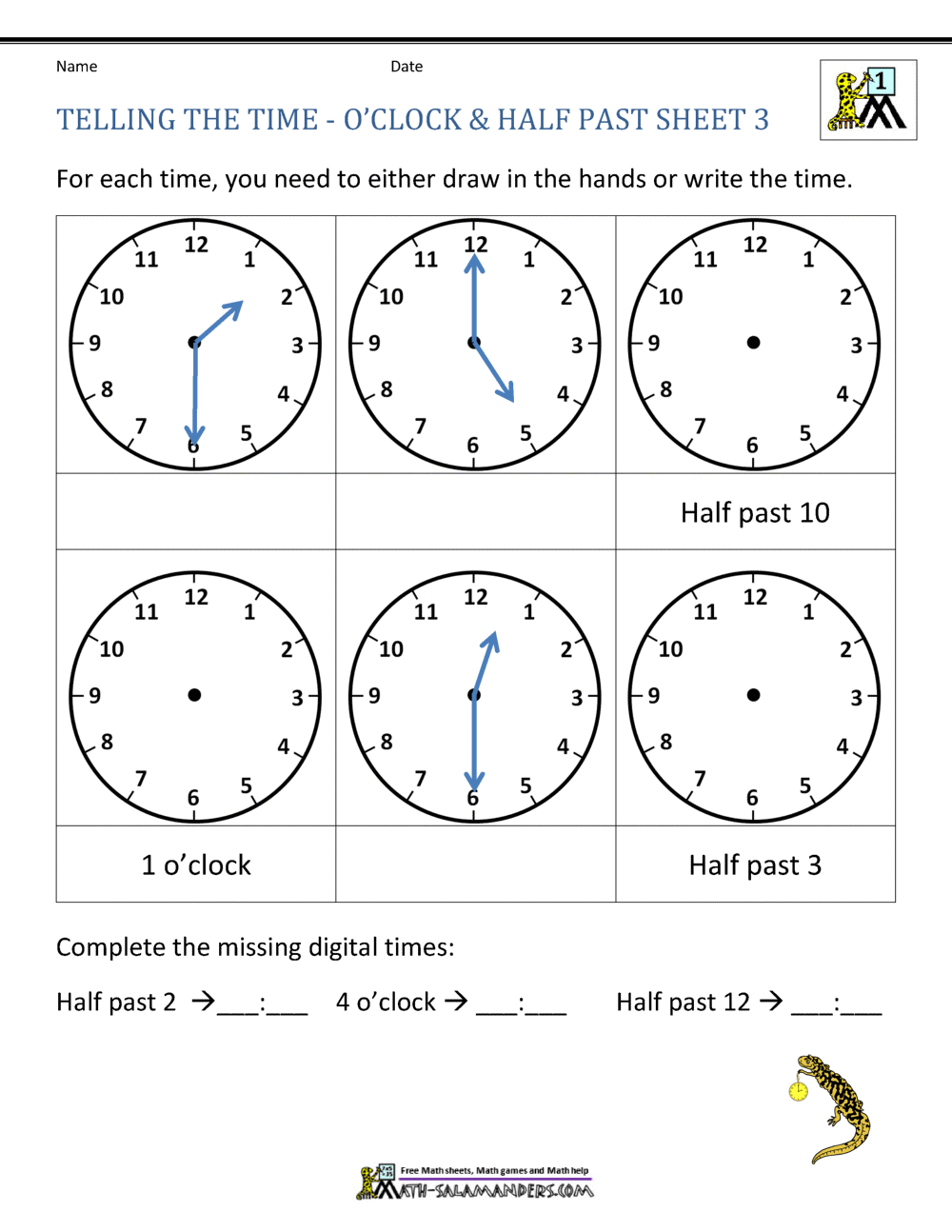 Telling Time Worksheets O Clock And Half Past