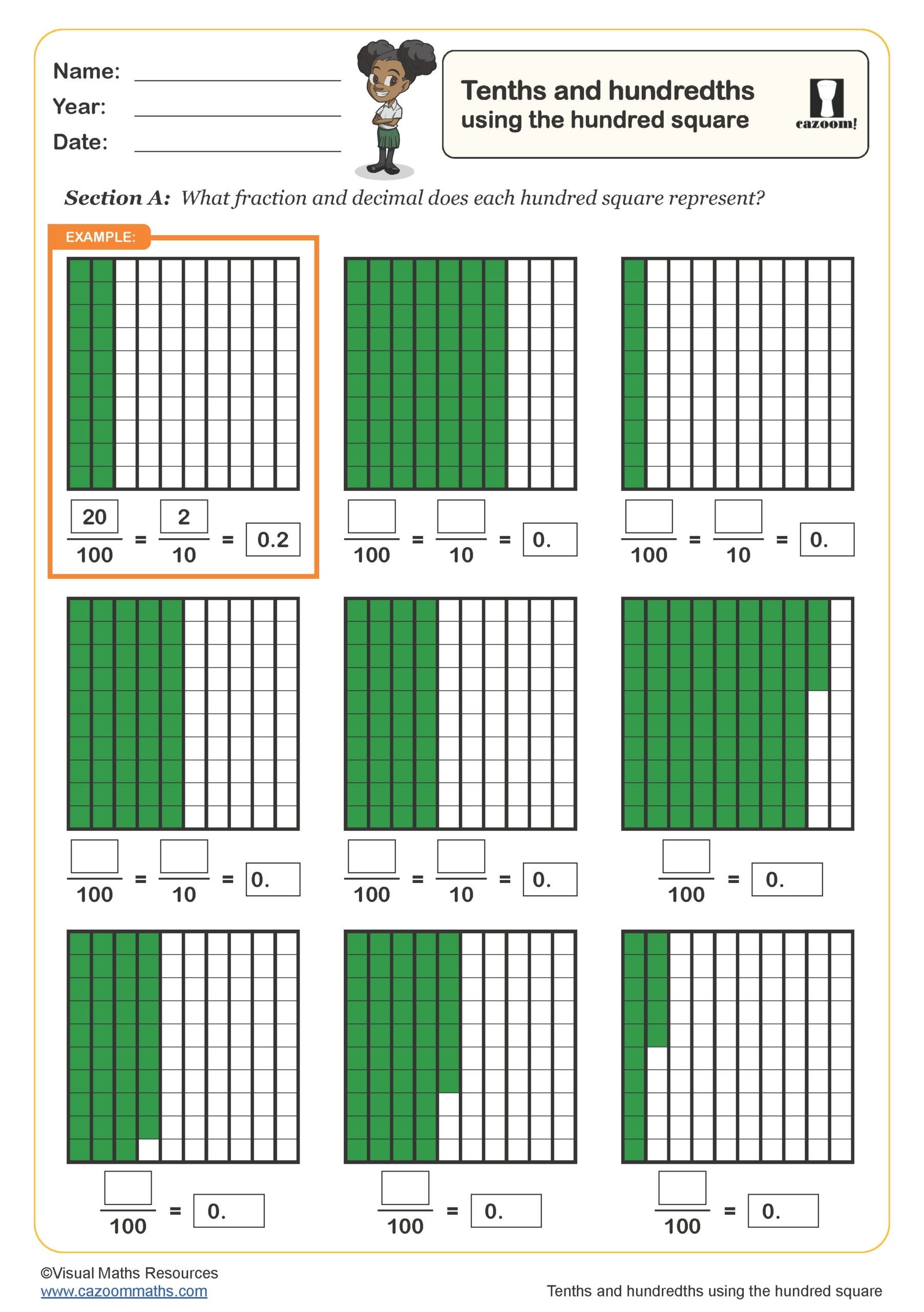 Tenths And Hundredths Using The Hundred Square Worksheet PDF Printable Number Worksheets
