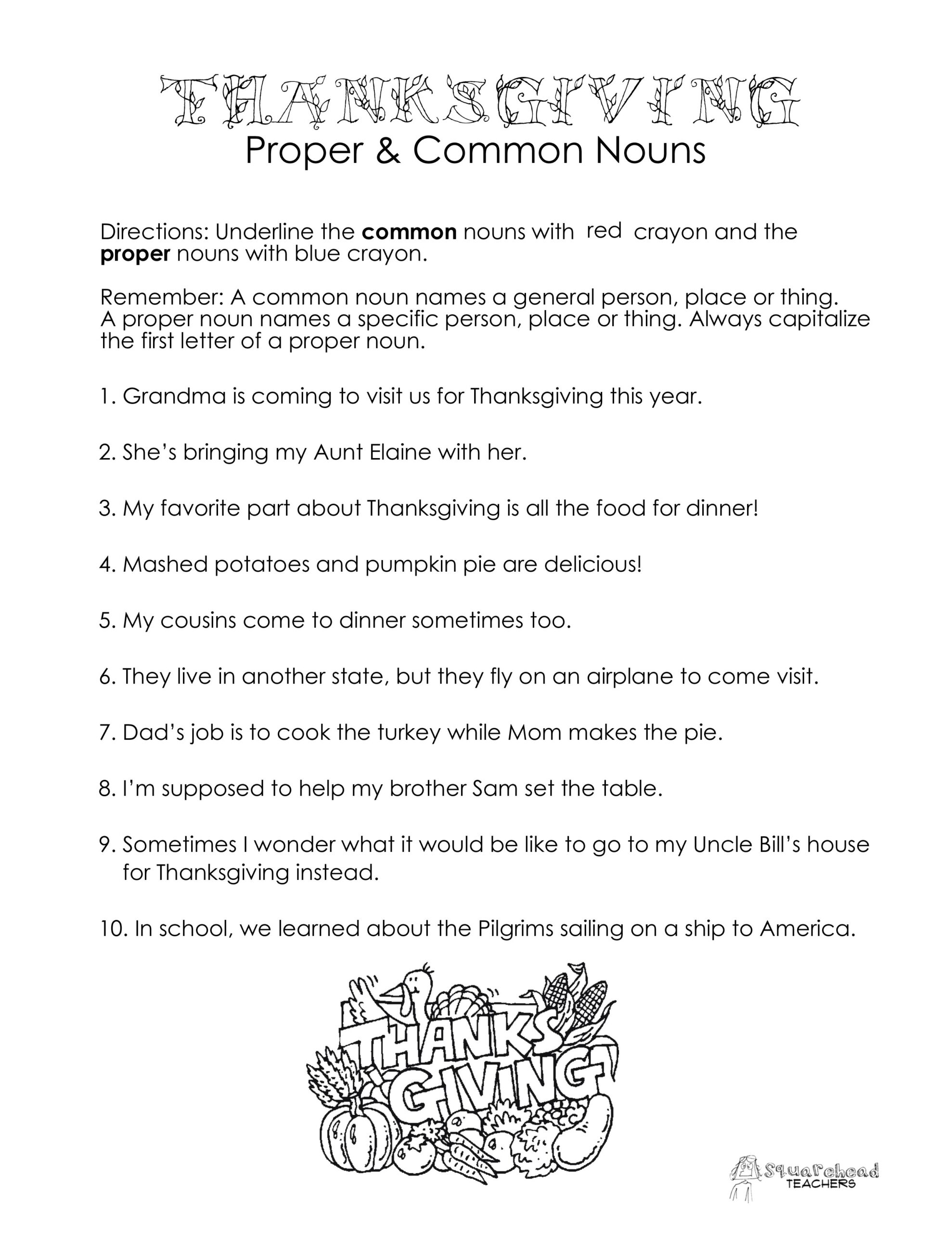 Thanksgiving Common Vs Proper Nouns Worksheet Squarehead Teachers