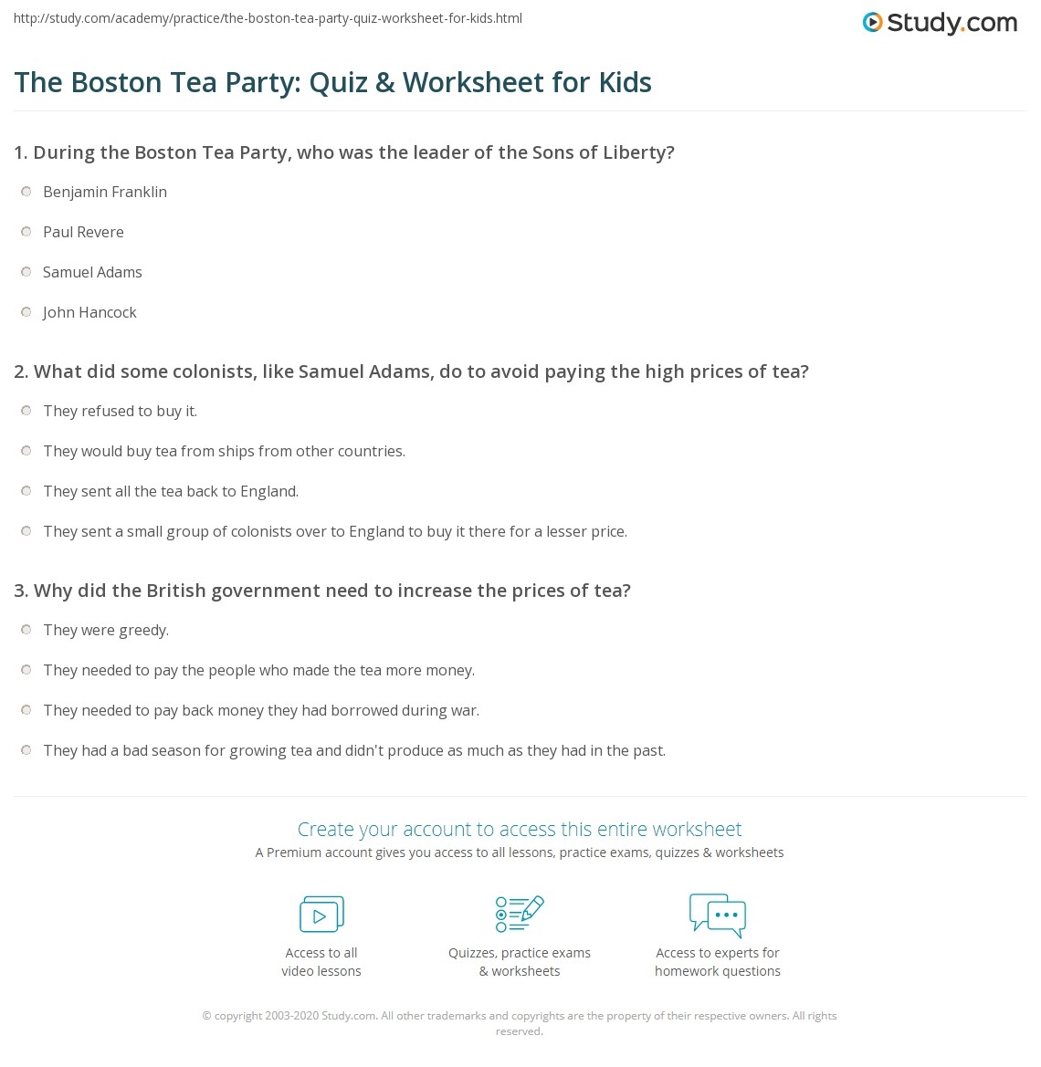 The Boston Tea Party Quiz Worksheet For Kids Study The Boston Tea Party Quiz Worksheet For Kids Study