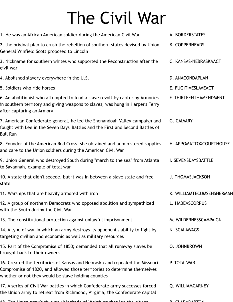 Civil War Era Matching Activity Worksheet WordMint