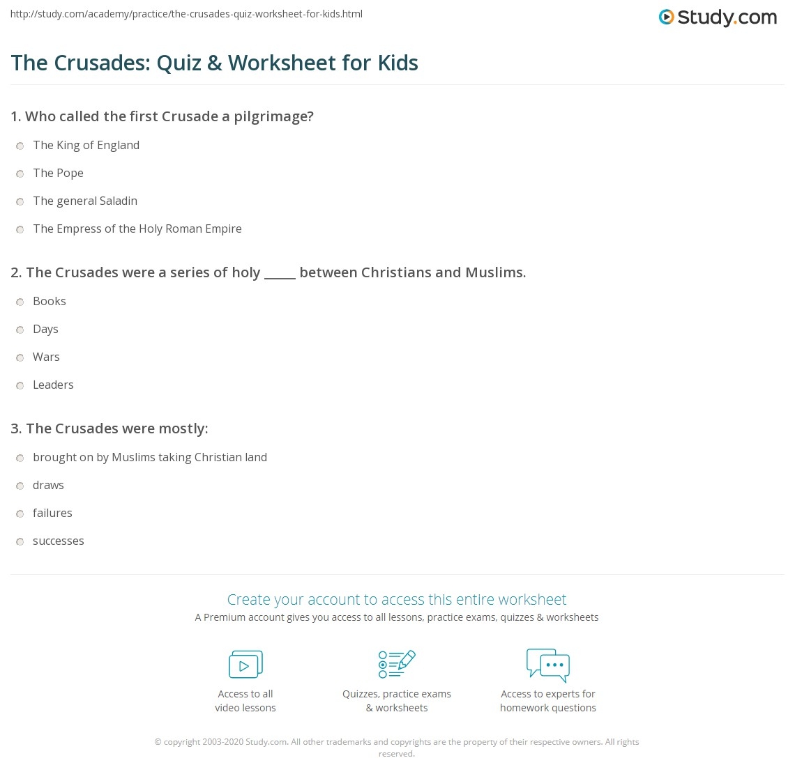 The Crusades Quiz Worksheet For Kids Study