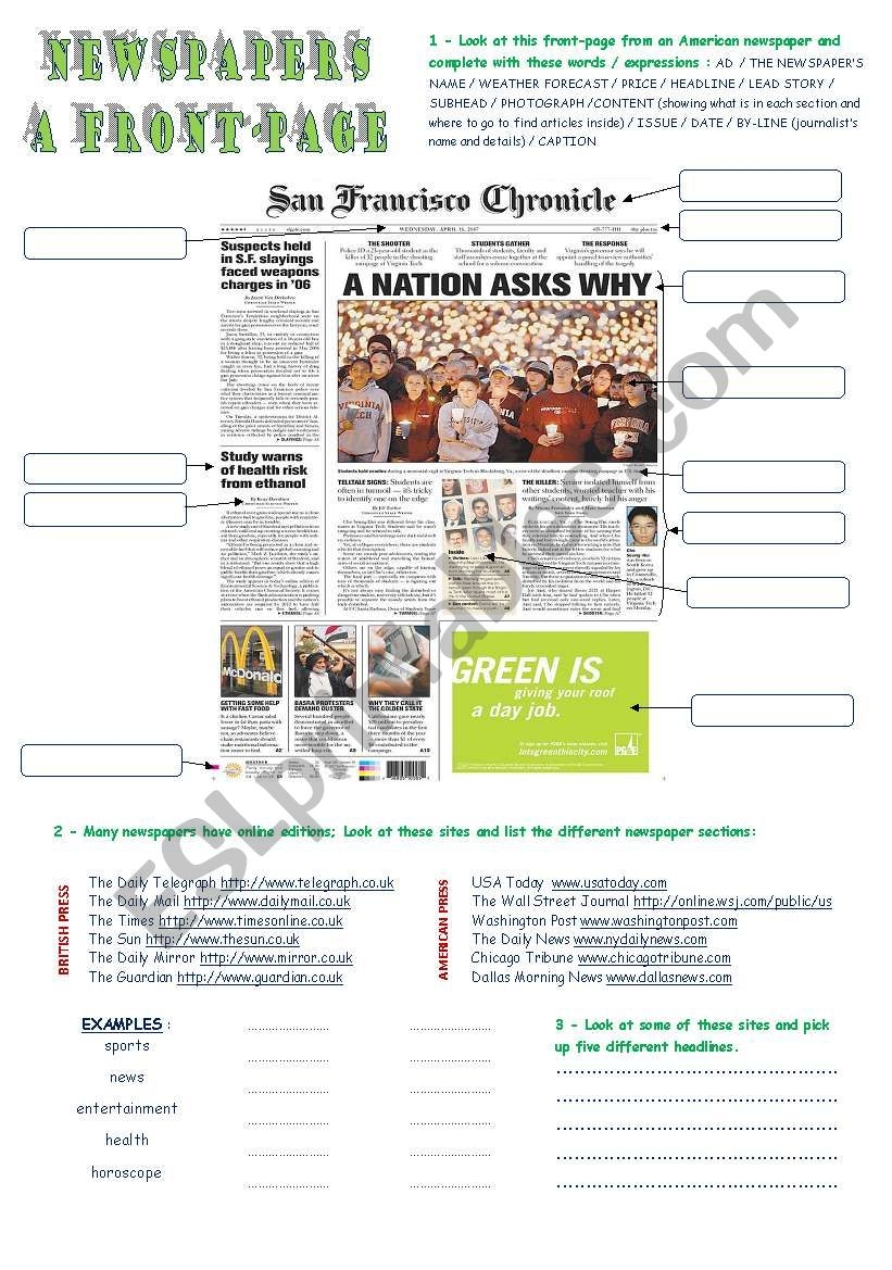 The Front Page Of A Newspaper ESL Worksheet By Estelle73
