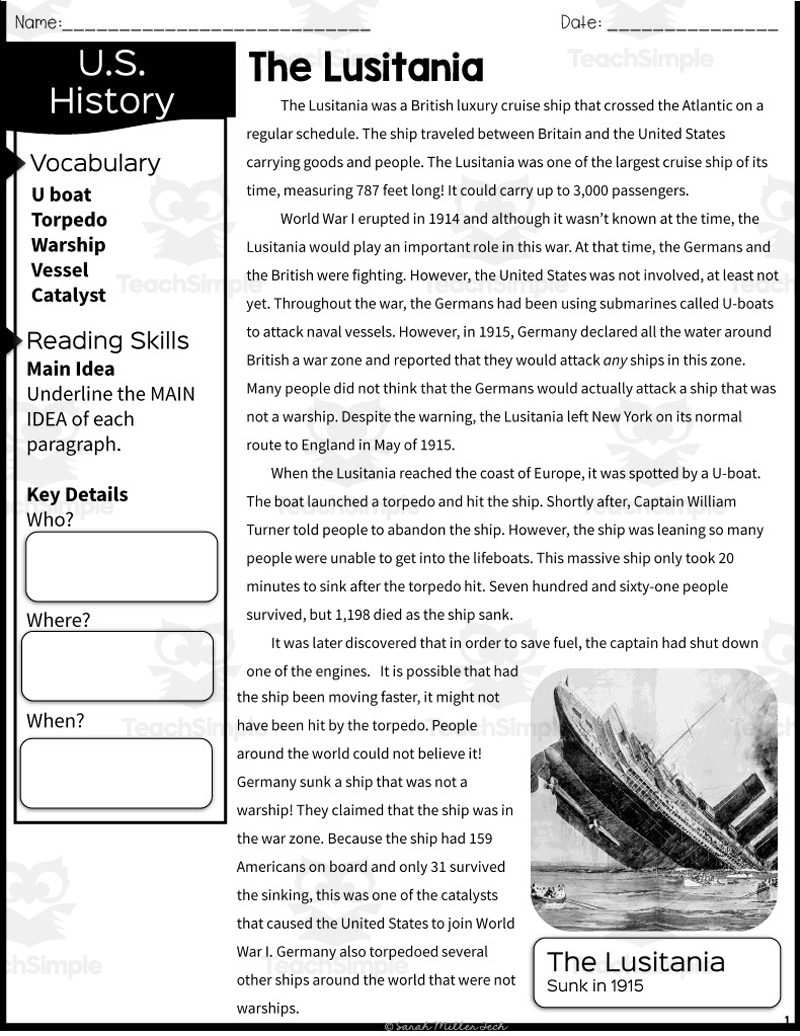 The Lusitania Reading Packet By Teach Simple