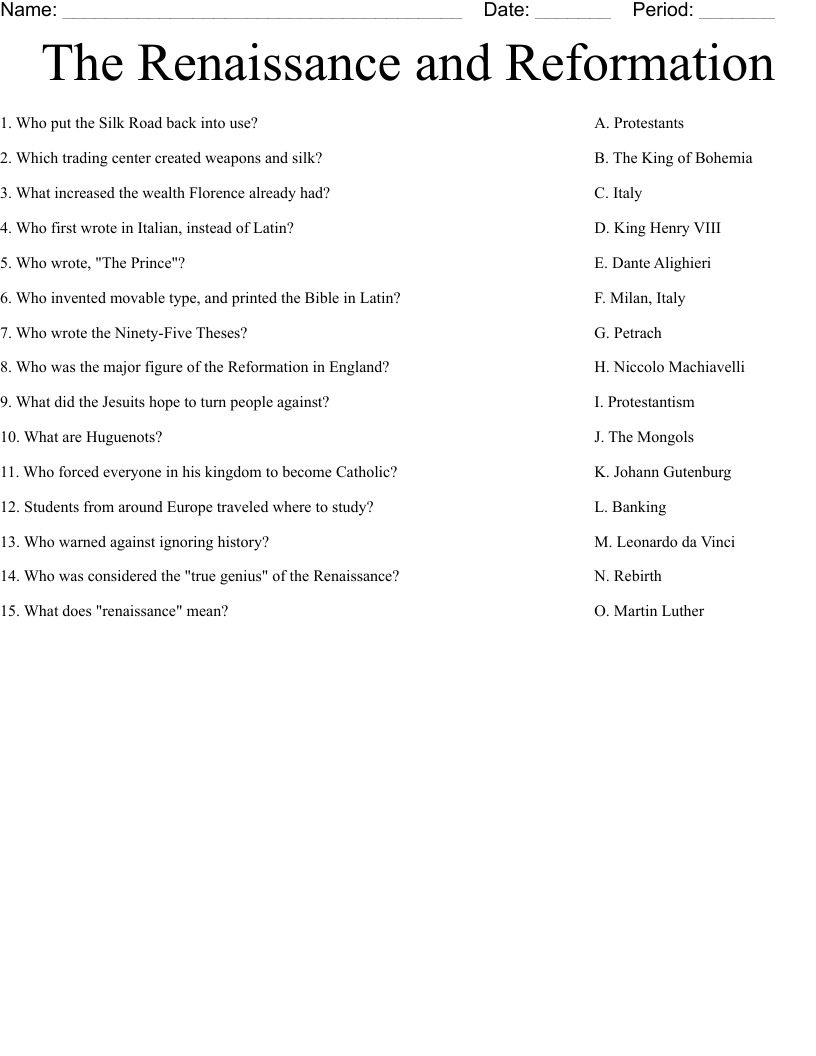 The Renaissance And Reformation Worksheet WordMint