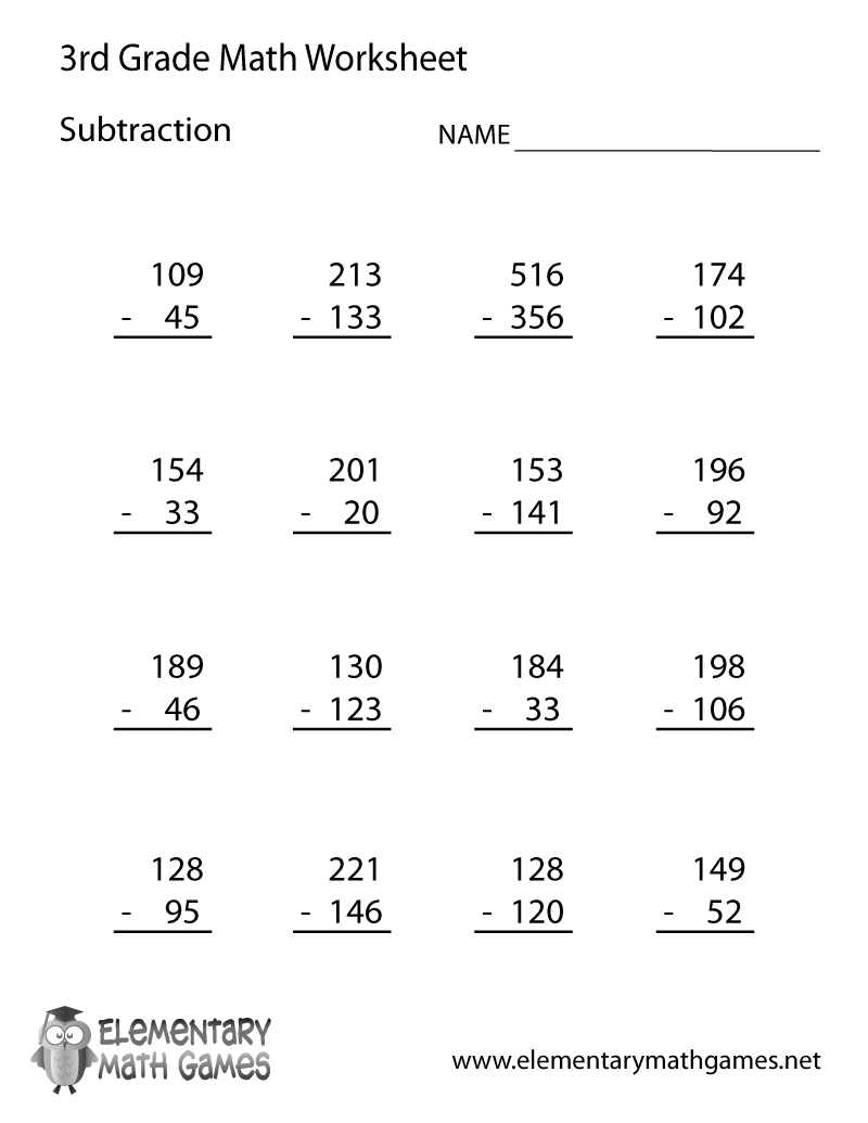Third Grade Subtraction Worksheets