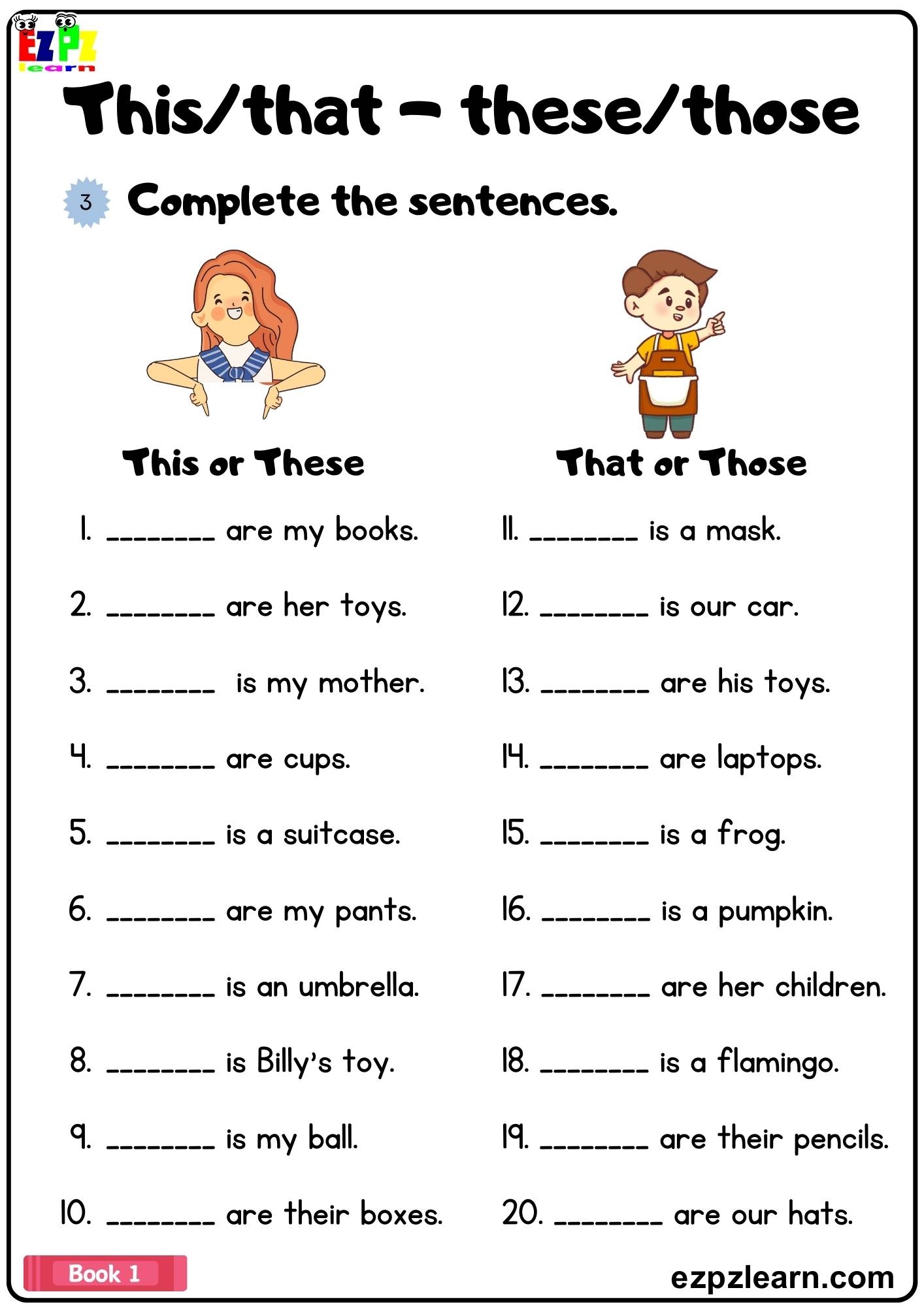 This That These Those Complete The Answers Grammar Worksheet Ezpzlearn