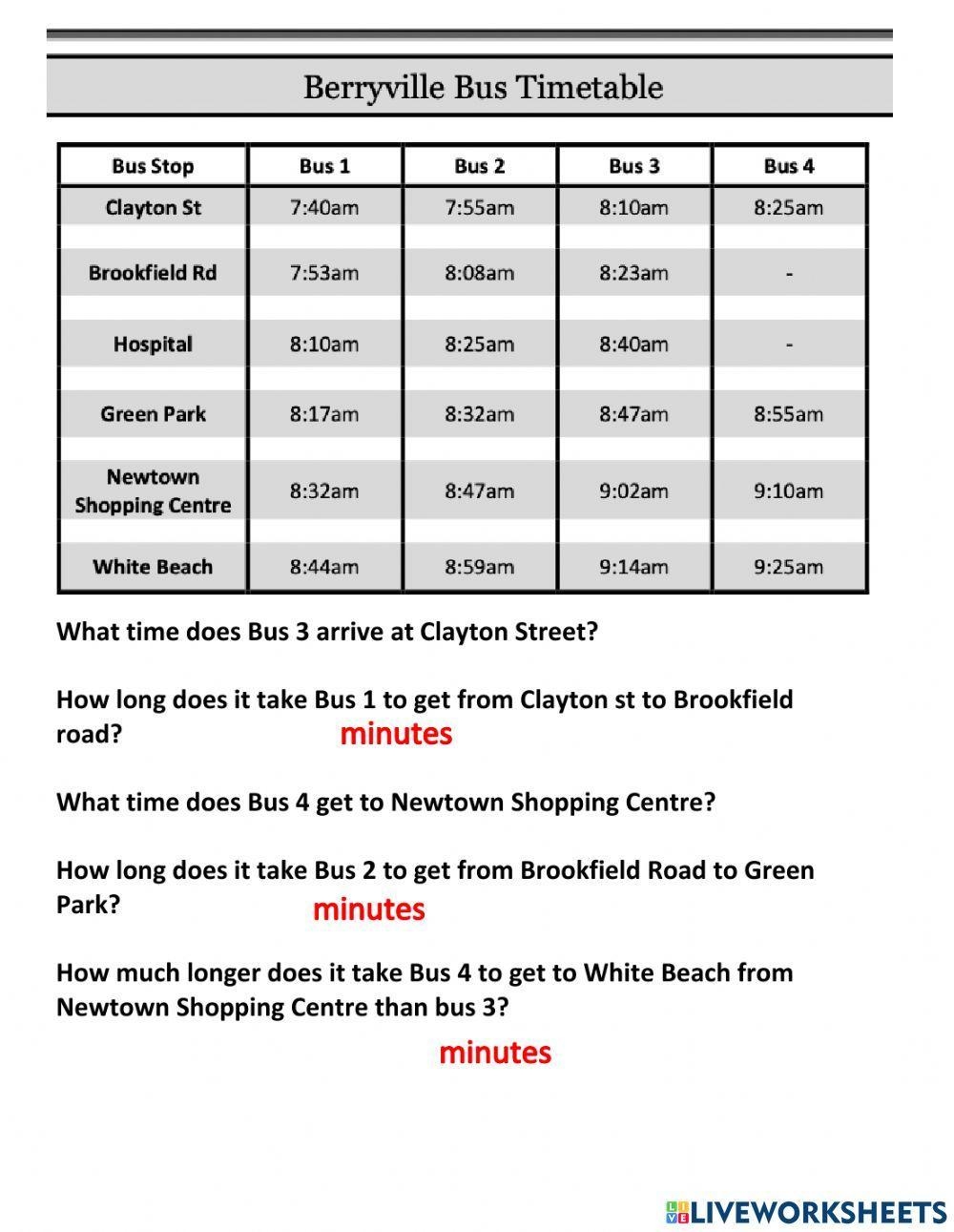 Time Worksheet Reading Timetables Practice