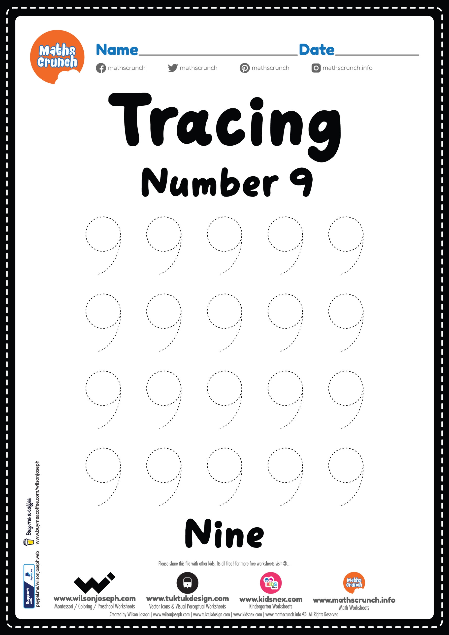 Tracing Number 9 Kindergarten Worksheet Free Printable PDF