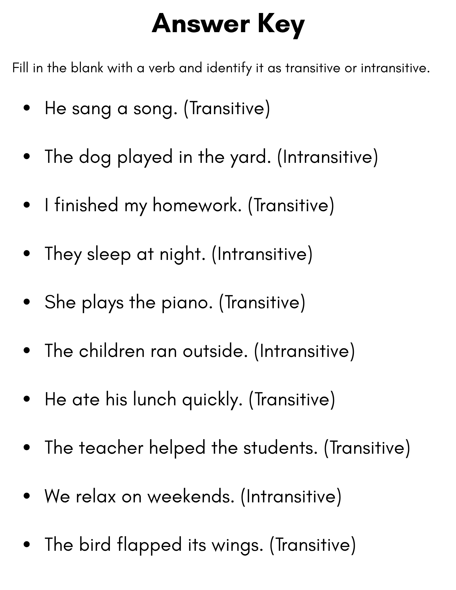 Transitive And Intransitive Verbs Exercises With Answers Made By Teachers