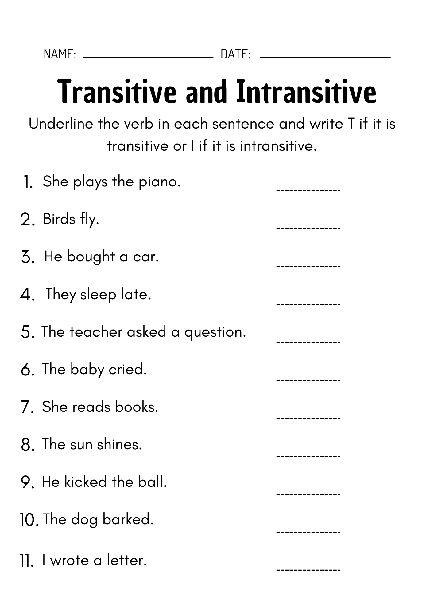 Identify Whether The Given Verb Is Transitive Or Intransitive Worksheets Library