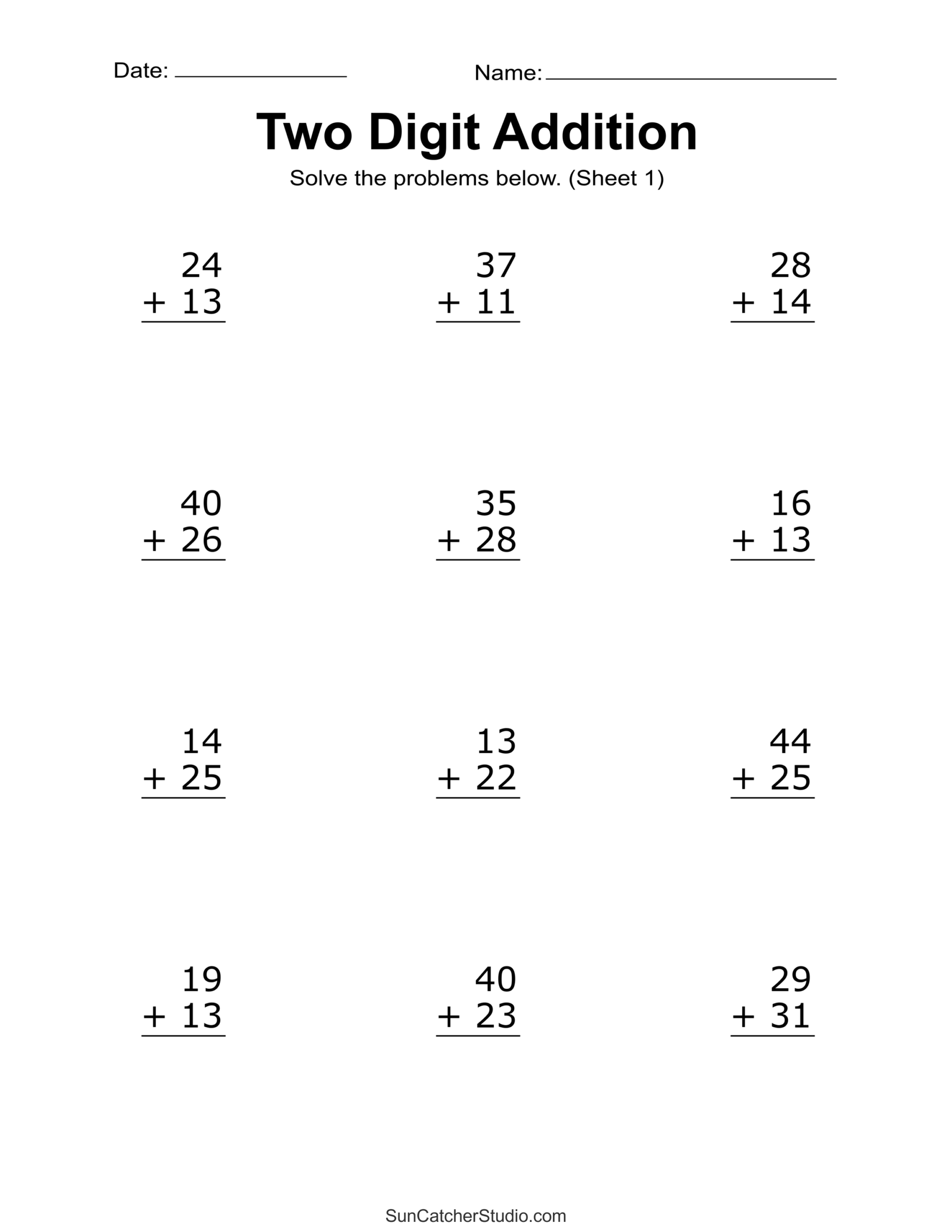 11 Printable Double Digit Addition Worksheets Numbers 10 20 Grades 1st And 2nd Etsy