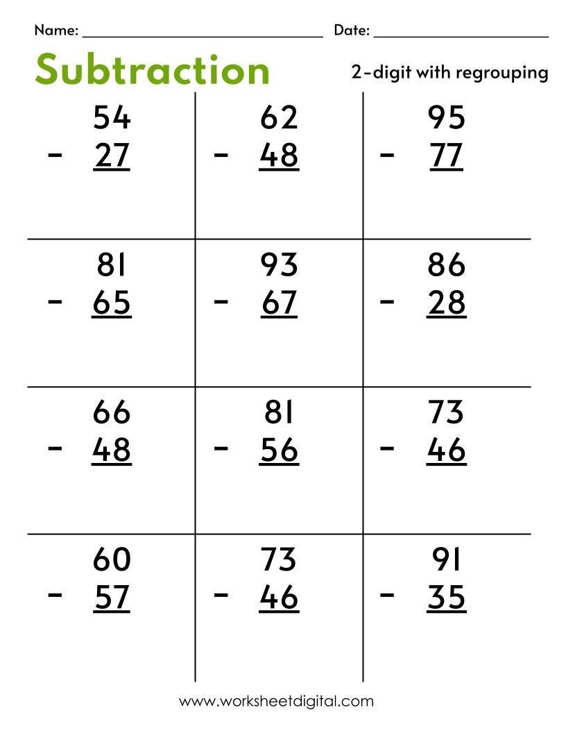 Two Digit Subtraction Worksheets With Regrouping PDF Etsy Norway