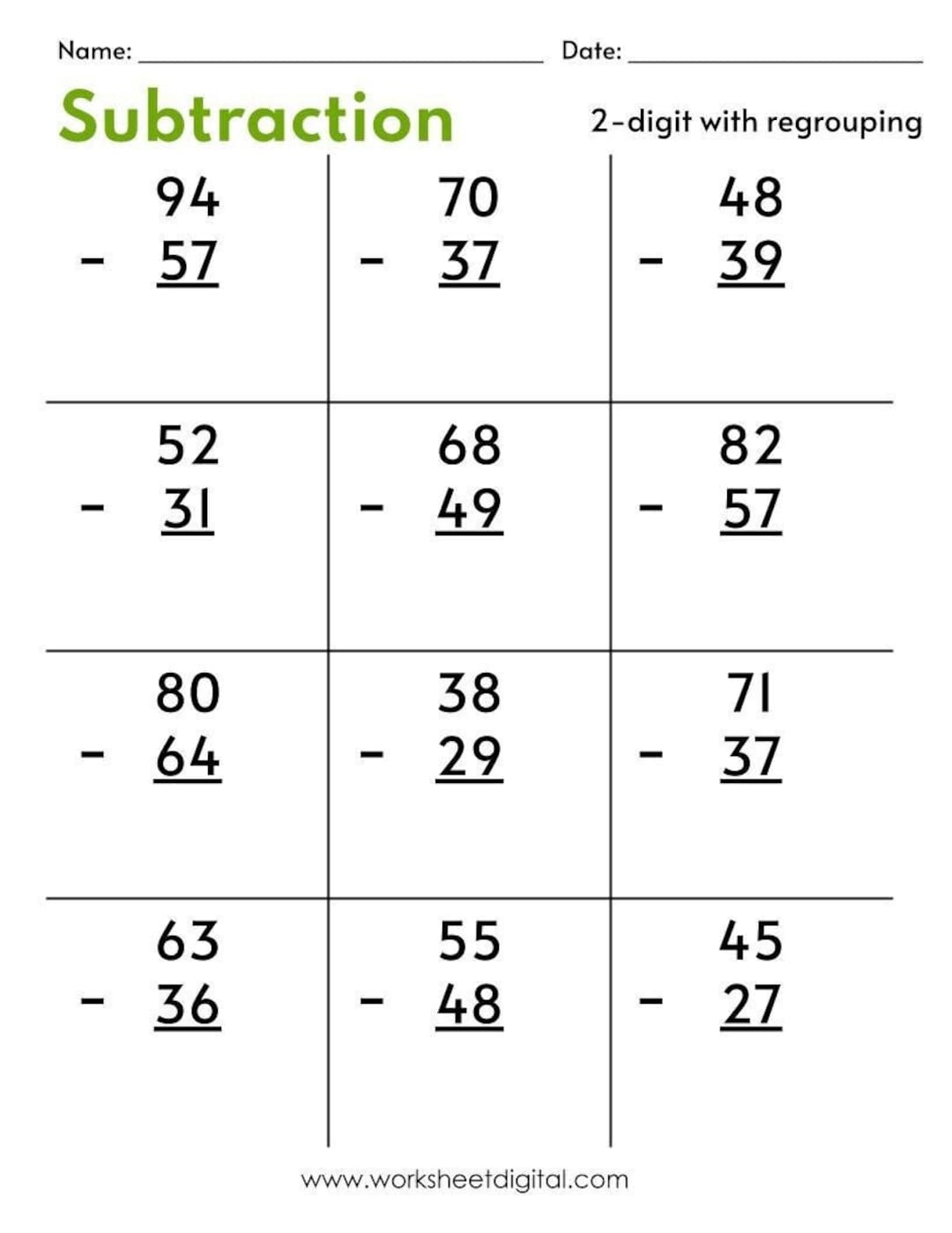 Two Digit Subtraction Worksheets With Regrouping PDF Etsy