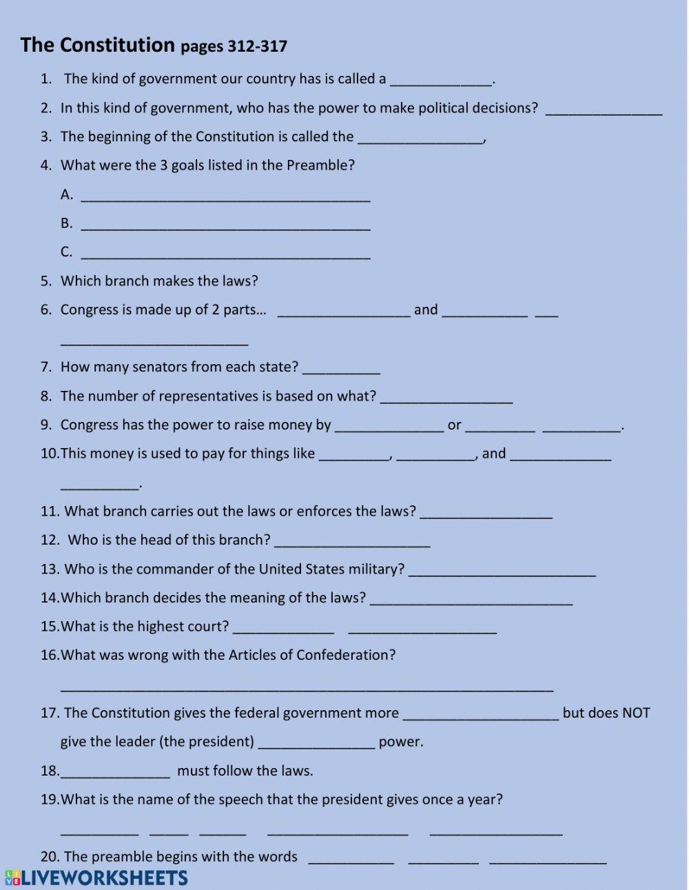 U S Constitution Worksheets Worksheets Library