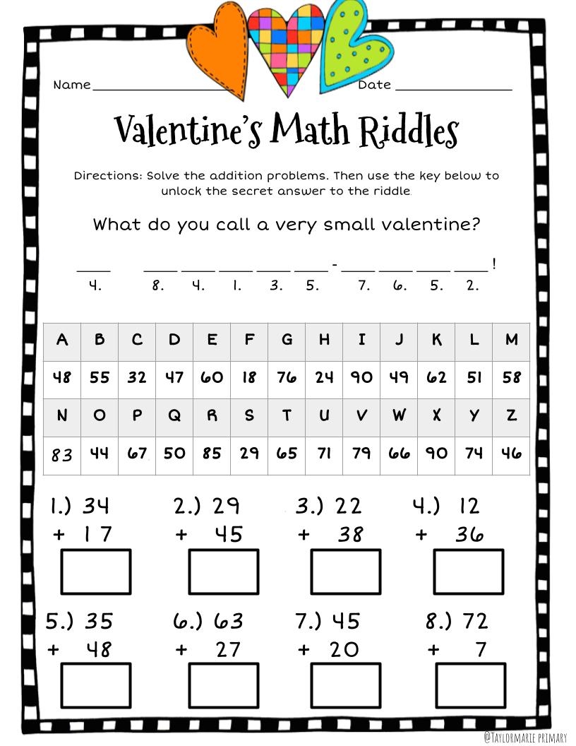 Valentine S Day Math Riddle Worksheets Two Digit Addition Mixed Regrouping Made By Teachers Valentine S Day Number Patterns Free Worksheet Squarehead Teachers