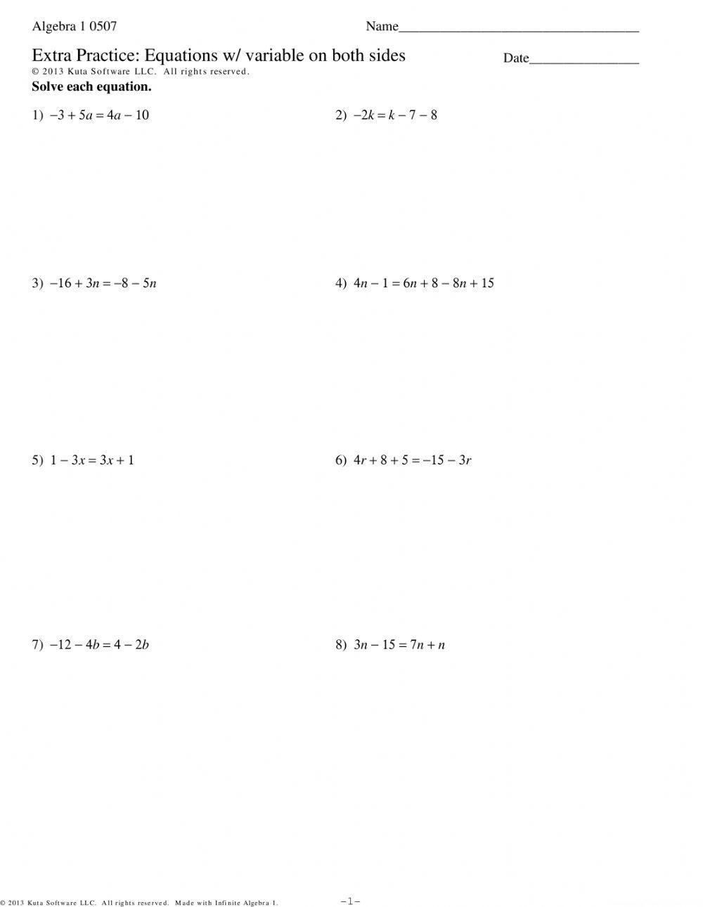 Variable On Both Sides Equations Worksheet Worksheets Library