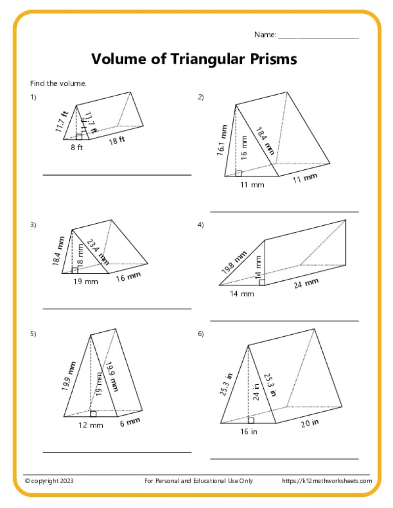 Volume And Surface Area Of Triangular Prisms K12 Math Worksheets