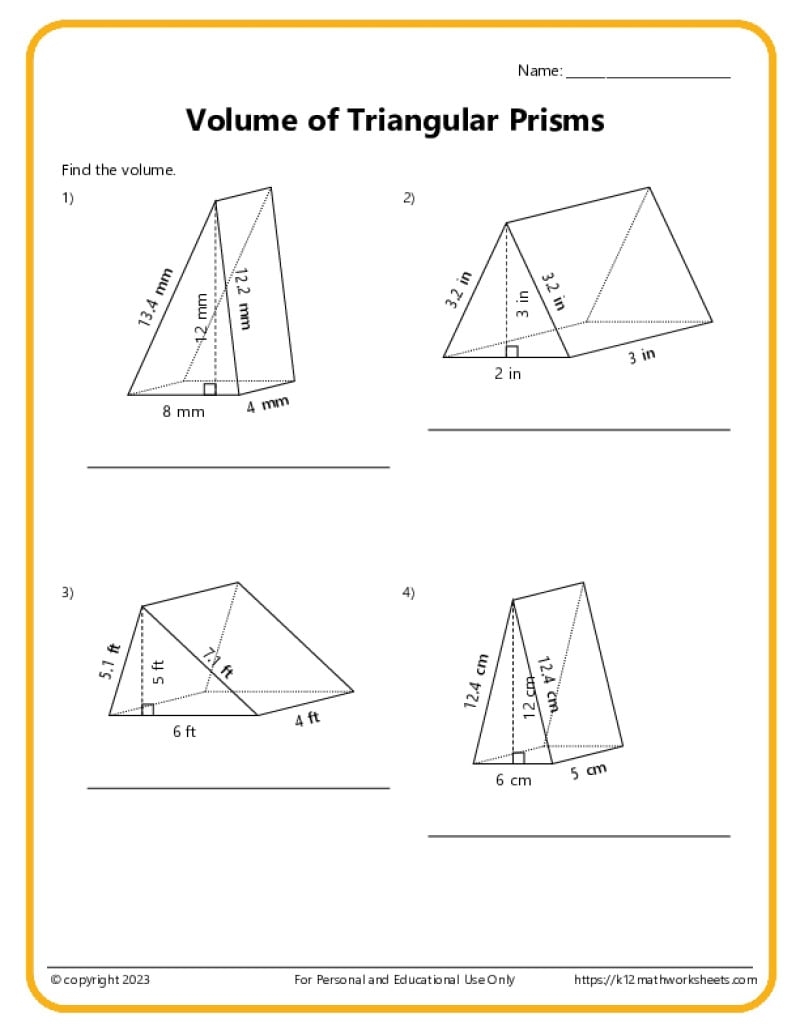 Volume And Surface Area Of Triangular Prisms K12 Math Worksheets Volume And Surface Area Of Triangular Prisms K12 Math Worksheets