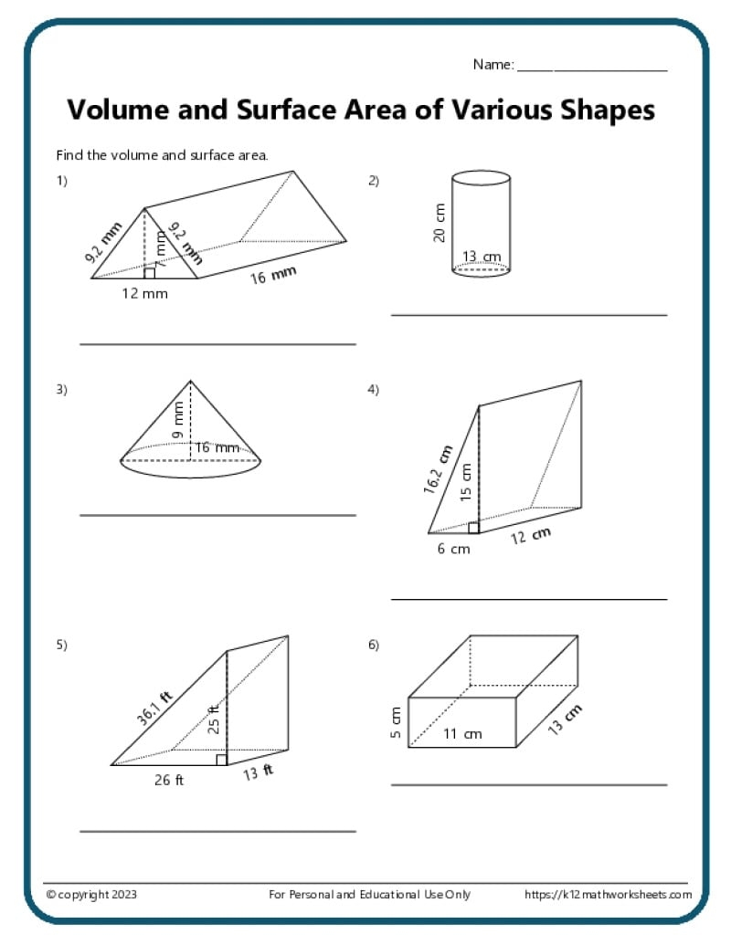 Volume And Surface Area Of Various Shapes K12 Math Worksheets