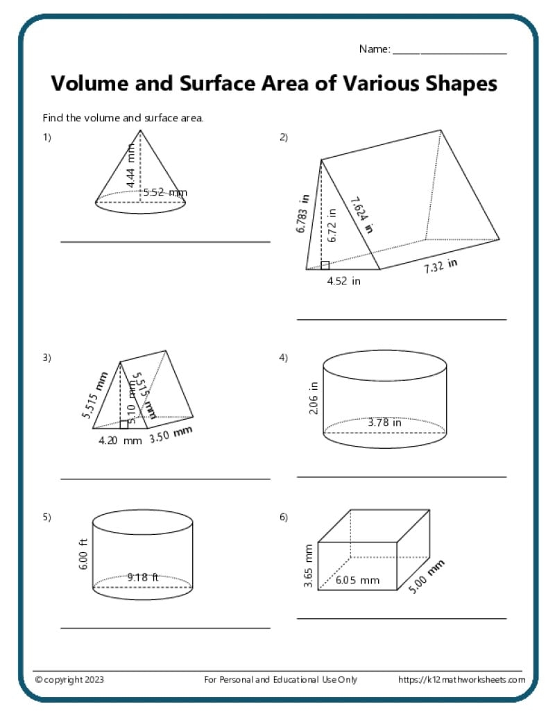 Volume And Surface Area Of Various Shapes K12 Math Worksheets
