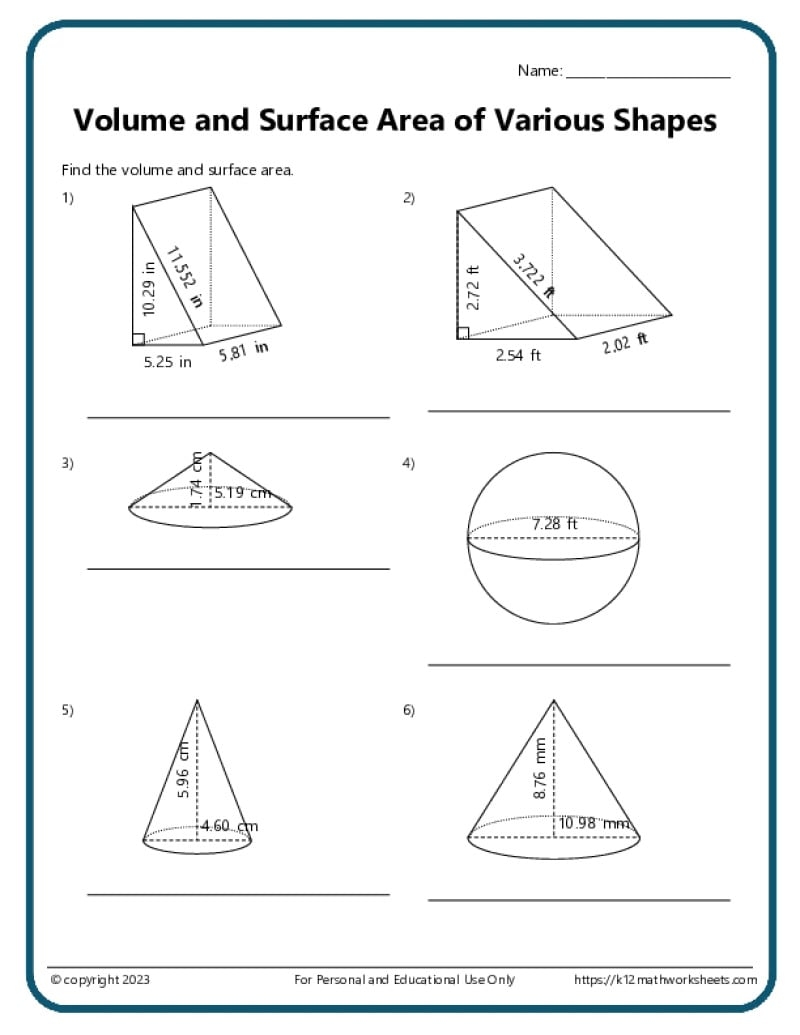 Volume And Surface Area Of Various Shapes K12 Math Worksheets Surface Area Of Triangular Prisms Worksheet Printable PDF Year 9 And Year 10 Geometry Worksheet