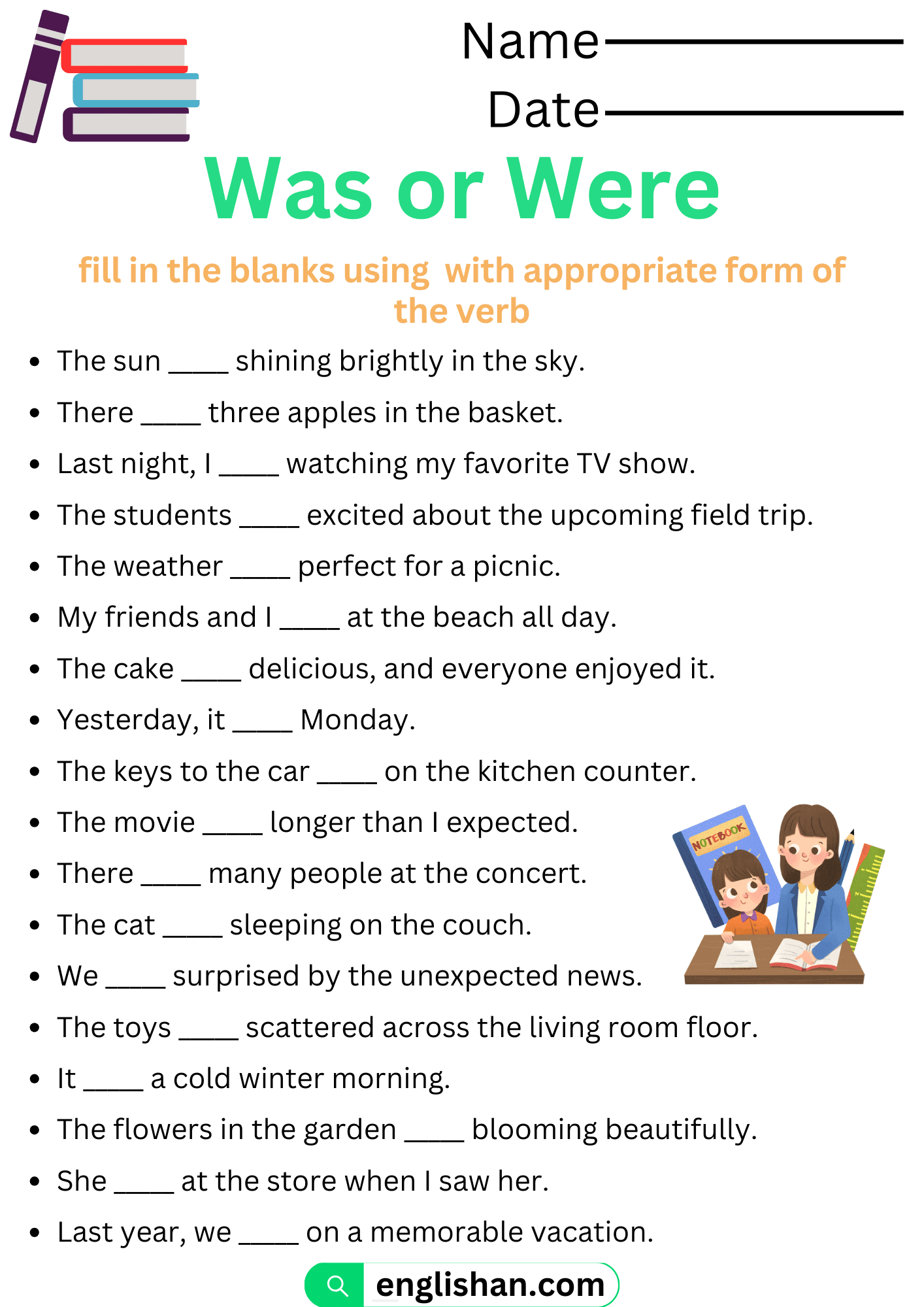 Was Were Worksheets And Exercises With Answers In English