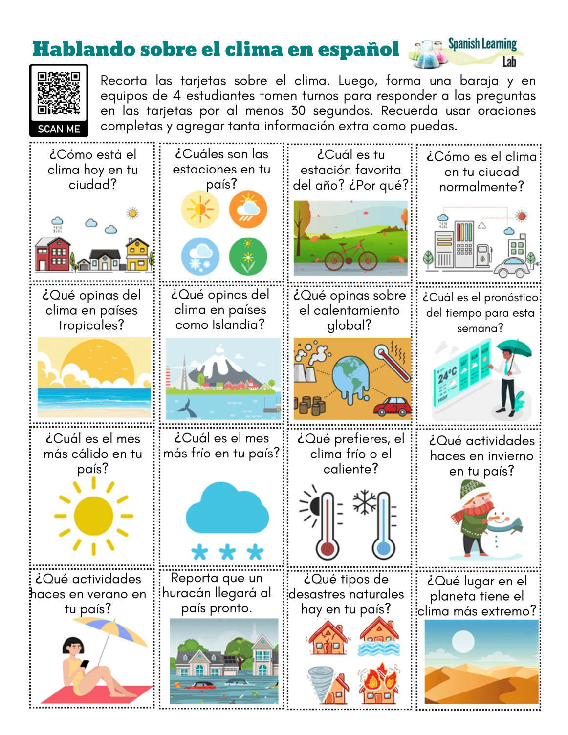 Weather Conversation Cards In Spanish PDF Worksheet Spanish Learning Lab