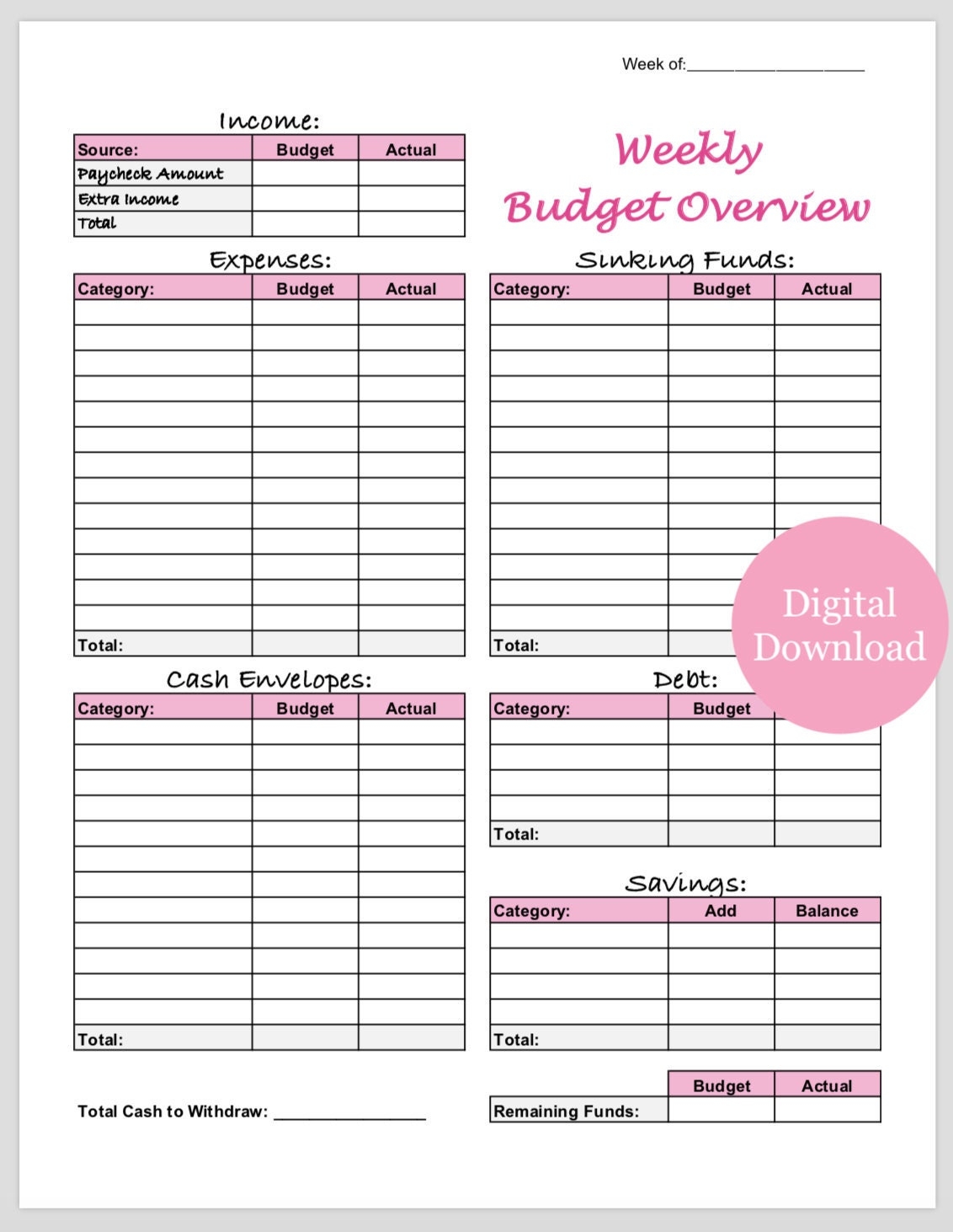 Weekly Budget Template Printable For Cash Envelopes And Sinking Funds Pink Etsy