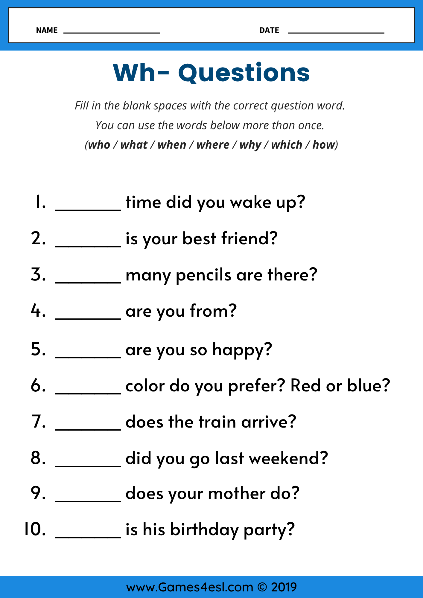 Question Words Worksheet For Grade 1 Or 2 Wh Questions Exercises For Kids Made By Teachers