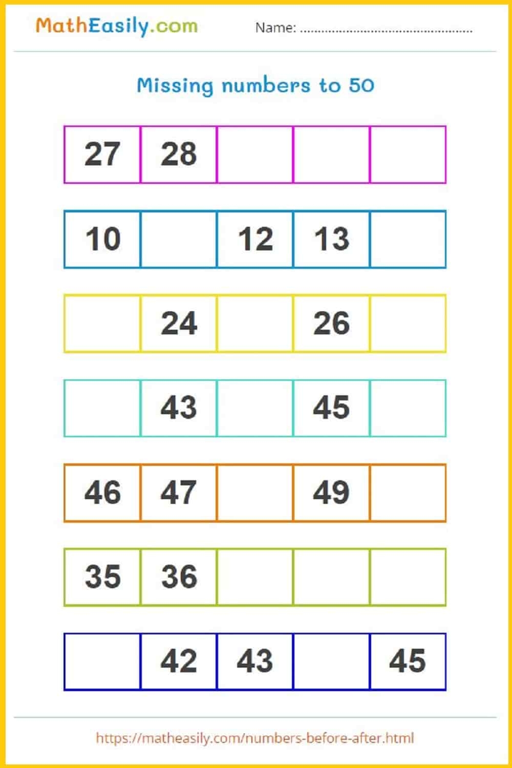 WHAT COMES AFTER Numbers 1 To 50 Worksheets Games
