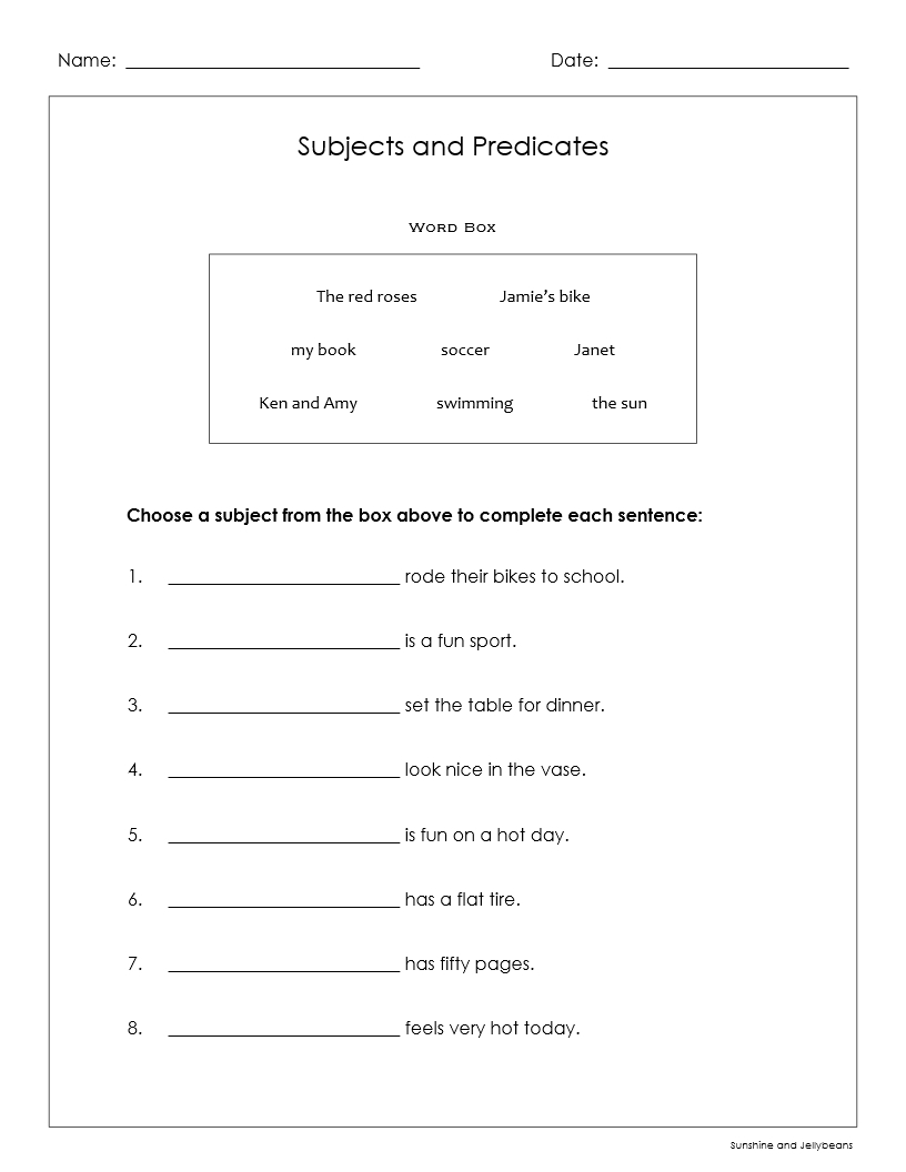 What Is A Sentence Subjects Predicates 4 Worksheets Grades 1 2 Made By Teachers