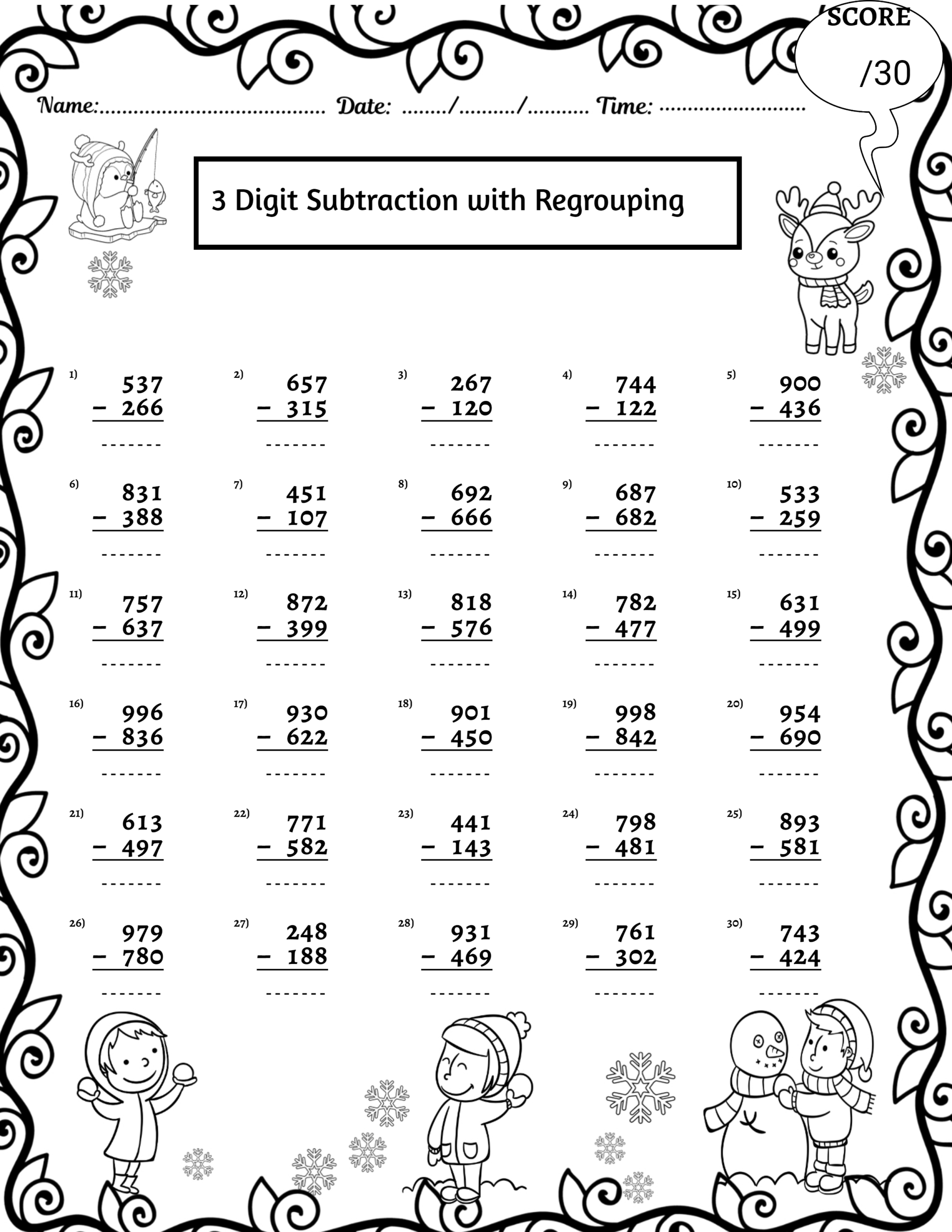 WINTER 3 Digit Addition And Subtraction With Without Regrouping Worksheets Made By Teachers