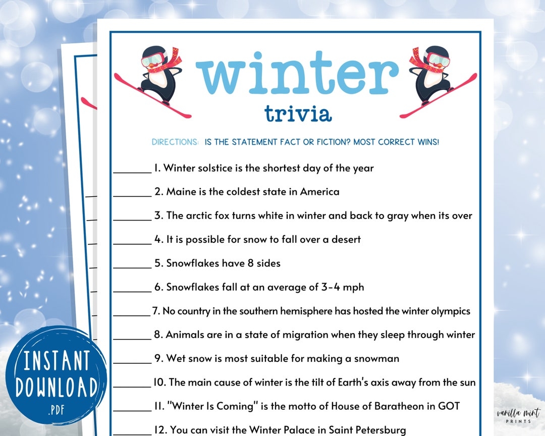 Winter Trivia Game Printable Winter Games Wintertime Activities For Adults Kids Fun Winter Games Holiday Christmas New Years Etsy Israel