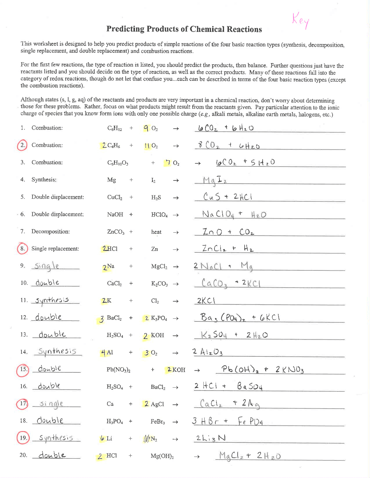 Worksheet Key For Predicting Products Of Chemical Reactions Exercises Chemistry Docsity Worksheet Key For Predicting Products Of Chemical Reactions Exercises Chemistry Docsity