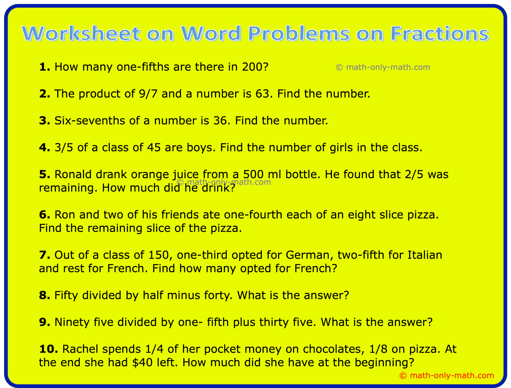 Class 2 Maths Word Fractions Problems Worksheet PDF