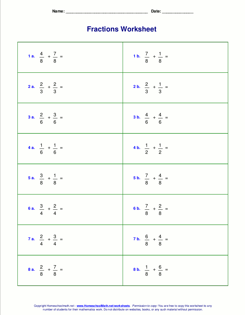 Worksheets For Fraction Addition