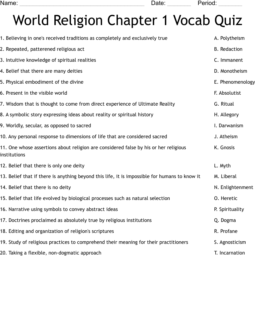World Religion Chapter 1 Vocab Quiz Worksheet WordMint World Religion Worksheet Worksheets Library