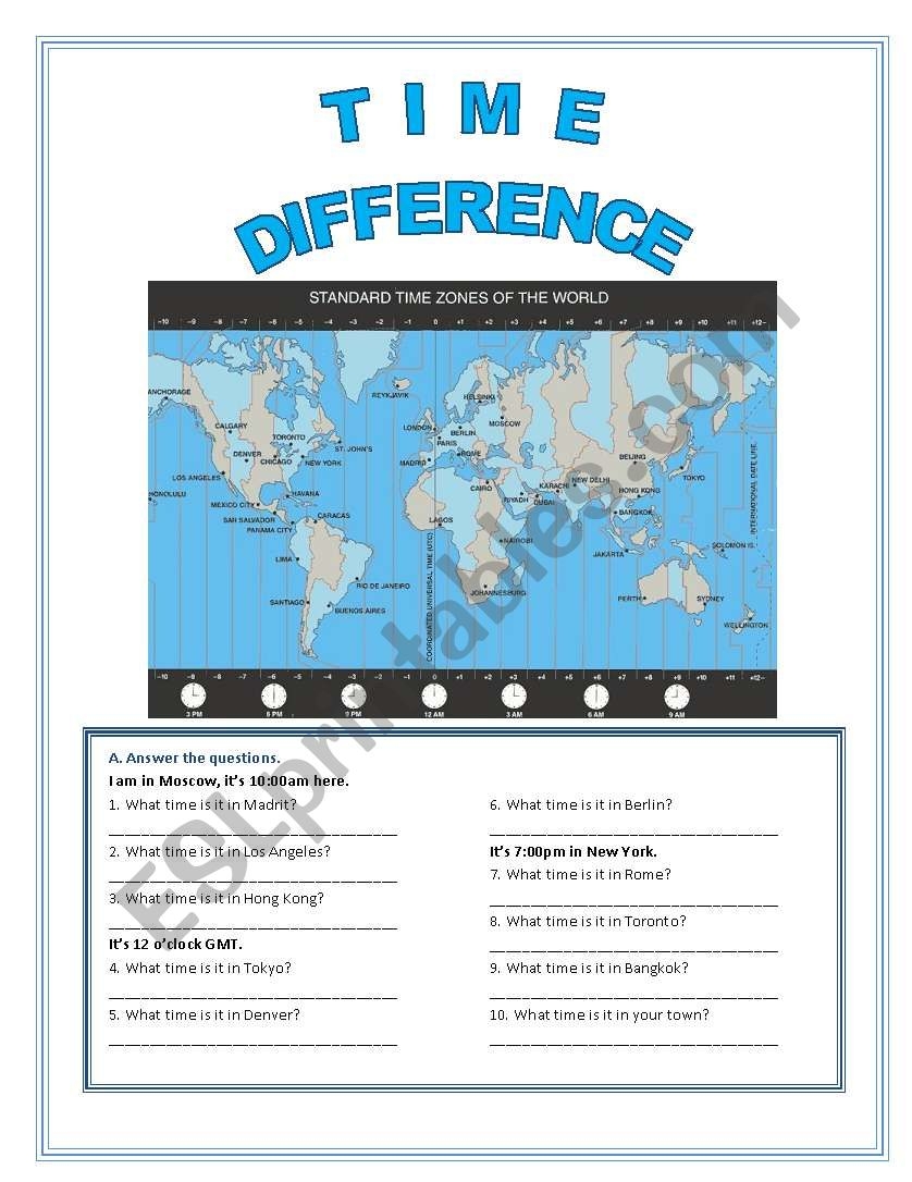 World Time Zones ESL Worksheet By Fenixgirl